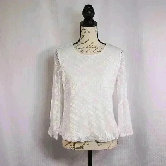 Alfani Petite Size PL White geometric pattern long bell sleeve elastic waist blo - Picture 1 of 12